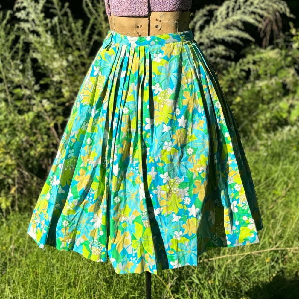 50s green floral mod print cotton full midi skirt retro mid century Sz S
